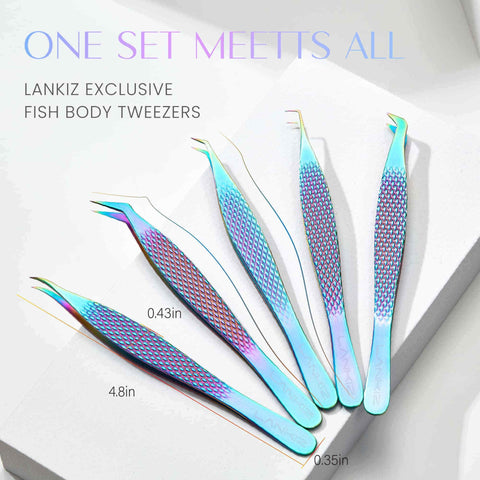 LANKIZ Diamond Grip Eyelash Extension Tweezers Set 5, Lash Technicians Classic Volume Tweezers - Laser multi color